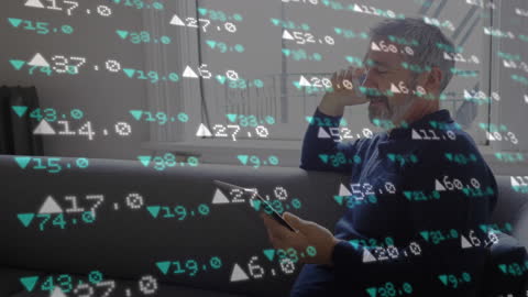 Senior Man Using Smartphone and Tablet Analyzing Stock Market Data