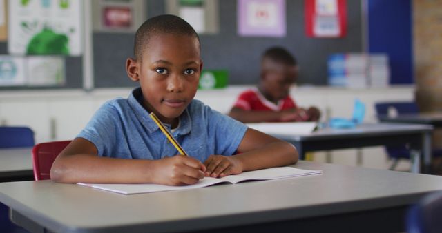 Portrait of happy african american schoolboy sitting at classroom, making notes, looking at camera - Download Free Stock Photos Pikwizard.com