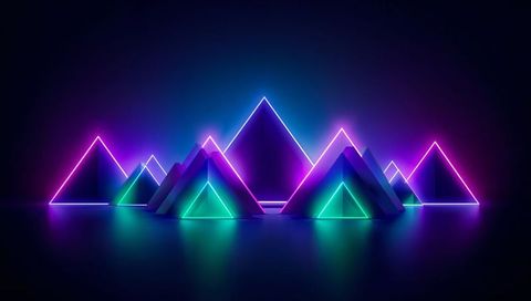 Neon Pyramid Cluster with Glowing Magenta Cyan Halos and Reflective Wireframe Geometry