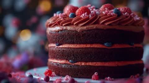 Close-Up Art of Triple Chocolate Cake with Berry Frosting