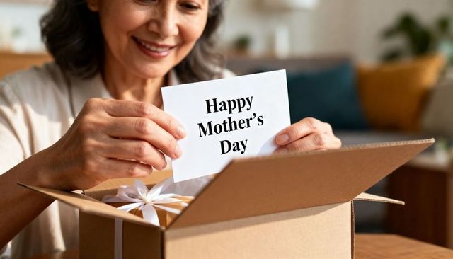 Senior woman opening mother's day gift box and reading greeting card at home