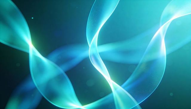 Luminescent Aqua Ribbons Twisting Across Teal Gradient with Soft Bokeh Glow and Motion