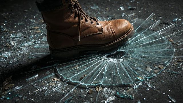 Rugged brown leather boot crushing broken glass on concrete floor closeup action