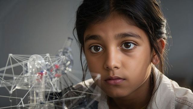 Curious child studying transparent robotics model with wires and red parts, closeup portrait