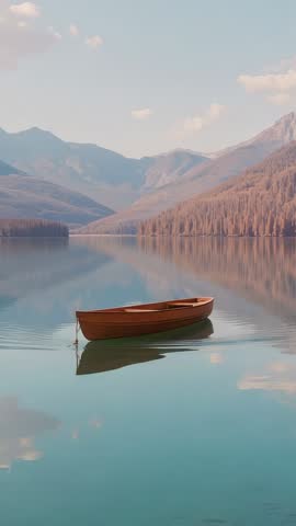 Drifting rowboat tugging on tether across glassy mountain lake at sunrise vertical video
