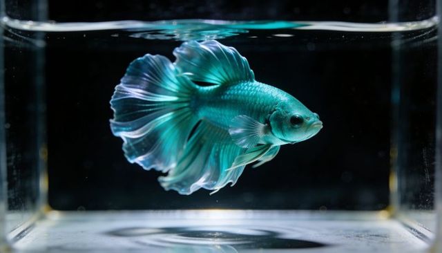 Teal betta fish gliding with flowing fins in clear glass aquarium