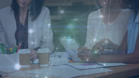 Team Collaboration in Modern Office with Digital Tech Overlay