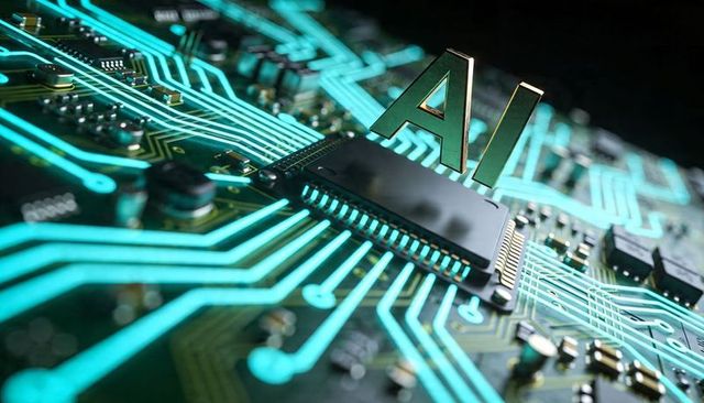 Highlighting AI Chip and Teal Circuit Traces on PCB Macro Closeup for Tech Concepts