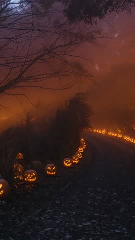 Gliding Past Jack-O'-Lanterns Lining Foggy Winding Path in Orange Twilight (Vertical Video)