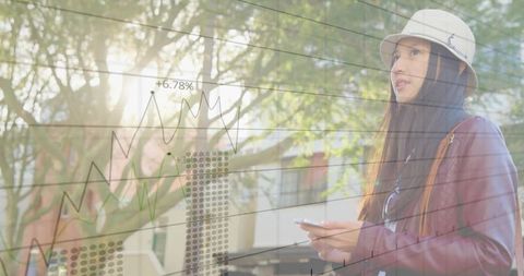 Young woman holding smartphone outdoors with overlaid financial charts showing +6.78% growth