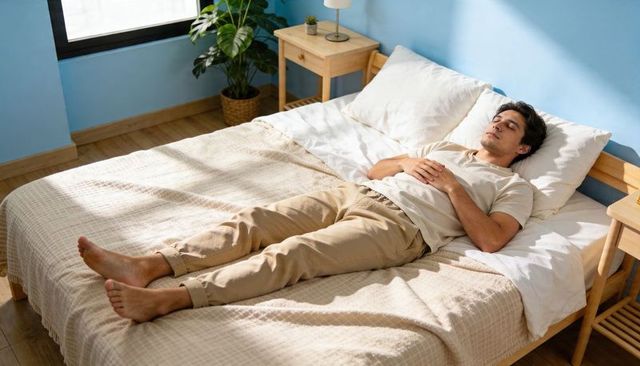 Young man resting on bed in sunlit minimalist bedroom embracing calm relaxation and mindful rest