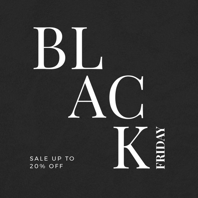 Bold advertisement ideal for Black Friday promotions. Can be used in various marketing campaigns, social media posts, email marketing, or website headers to capture attention and inform customers of sales up to 20% off. Clean, minimalist design with large, striking typography stands out against black background, making it perfect for digital and print advertising.