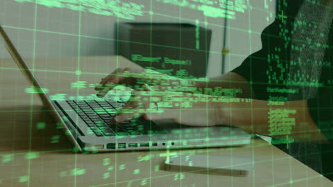 Woman Using Laptop with Layered Digital Data Graphics