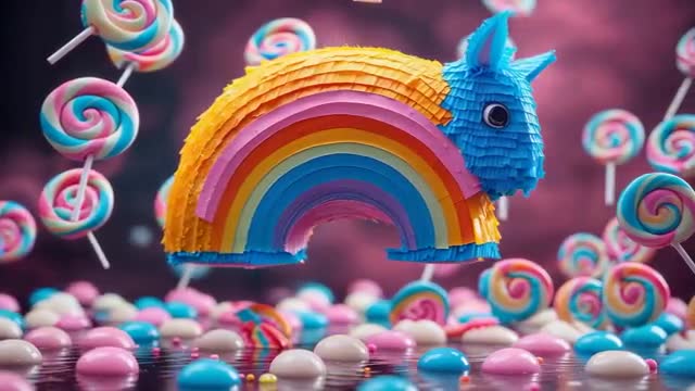 Vibrant Rainbow Piñata Surrounded by Colorful Candy