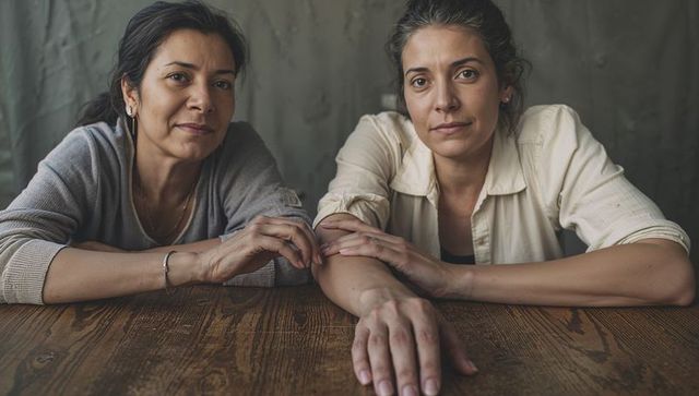 Two women sharing quiet moment touching arm at rustic wooden table intimate warm portrait