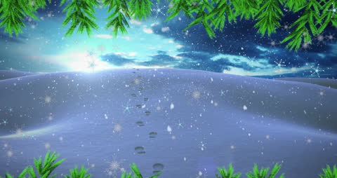 Digital Winter Landscape with Falling Snow and Evergreen Trees