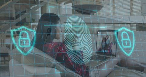 Digital Security with Relaxing Woman Using Laptop in Living Room