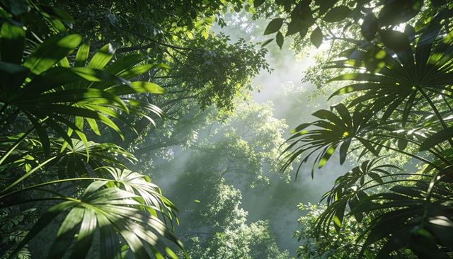 Sunlit Canopy Gap Glowing Through Tropical Palm Fronds with Misty Sunbeams