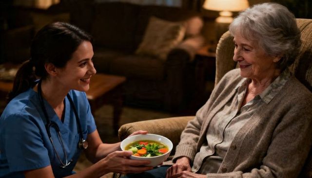 Home nurse serving warm vegetable soup to smiling senior woman in living room