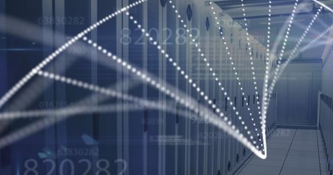 3d dna strand over data center background illustrating genomic technology