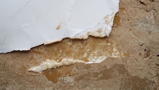 Peeling white paper revealing bubbled adhesive and weathered plaster texture