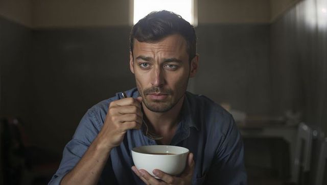 Contemplative man eating soup alone at dim table under backlit window, moody portrait