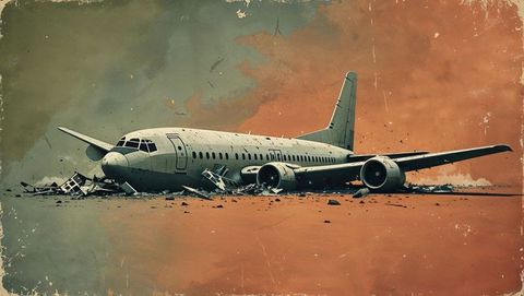 Plane crash wrecked on arid landscape at sunset