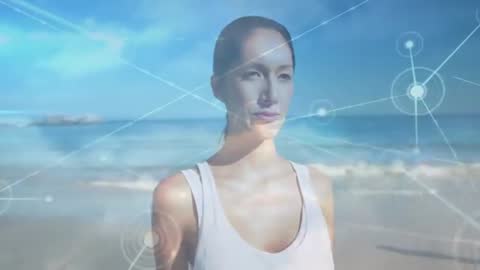 Woman on Beach Interacting With Digital Network Overlay
