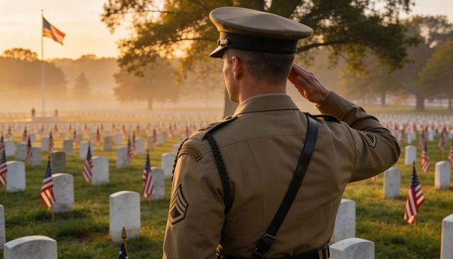 Uniformed soldier saluting at military cemetery at dawn with american flags and mist