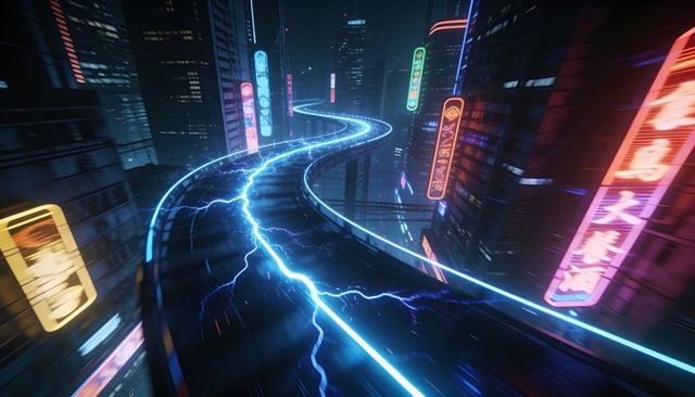 Snaking neon-lit elevated highway glowing with electric arcs through futuristic cityscape