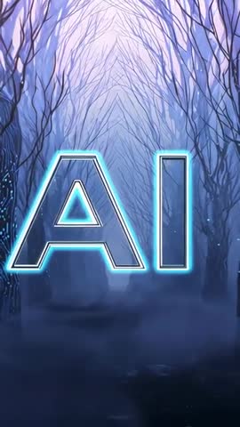 Vertical AI Text Sliding Left Revealing Foggy Forest Tunnel with Neon Cyan Pulse