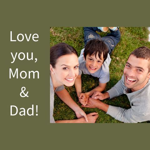 Family smiling on grass capturing joyful moment. Great for illustrating Parent's Day, family love, and the happiness of spending time outdoors bonding. Perfect for promotional materials about family life, parenting tips, or park activities.