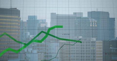 Green financial graph overlaying hazy urban skyline with grid and data labels for analysis