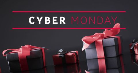 Cyber Monday Promotional Gift Boxes with Ribbons on Black Background - Download Free Stock Images Pikwizard.com