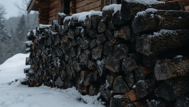 Snow-covered stacked firewood beside rustic log cabin winter forest moody textured logs
