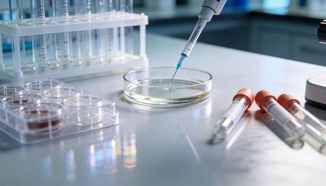 Micropipette dispensing droplet into petri dish with conical tubes and multiwell plate in laboratory