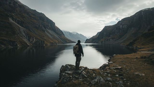 Solo hiker standing on rocky ledge overlooking moody alpine fjord and reflective lake