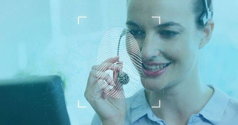Businesswoman using phone headset with digital fingerprint concept