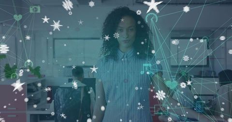 Businesswoman Interacting with Virtual Interface in Modern Office