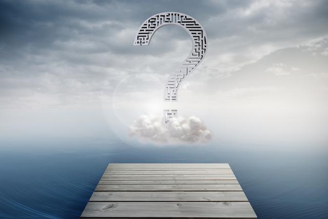 Abstract visual of a large question mark with maze design floating above a wooden pier and ocean horizon with cloudy sky. Ideal for representing uncertainty, decision-making, contemplation, and abstract thinking concepts.