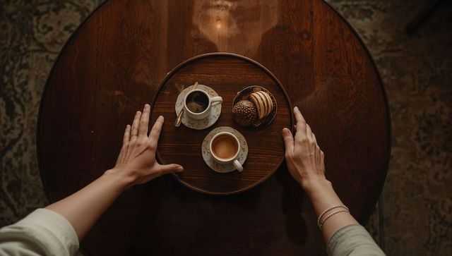 Placing vintage tray with espresso and biscuits on dark wooden table, overhead flatlay