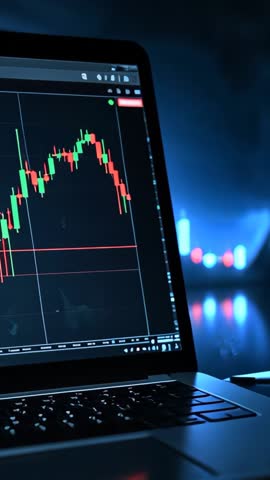 Vertical video showing laptop candlestick chart and price swings in dark trading room