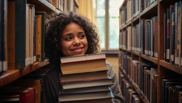 Smiling teen holding tall stack of hardcover books while leaning in sunlit library aisle