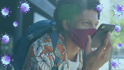 Masked Man Using Smartphone Amid Digital Virus Animation