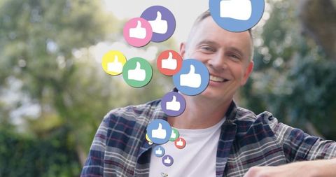 Casual Man Outside with Thumbs-Up Icons Symbolizing Social Media Likes