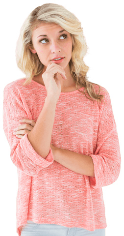 Thoughtful Blonde Woman with Hand on Chin Transparent Background