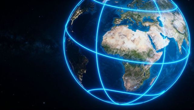 Digital earth with neon network grid mapping global connectivity and data flow