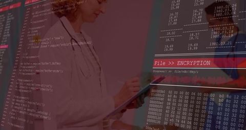Healthcare Professional with Encryption Overlay Illustrating Cybersecurity