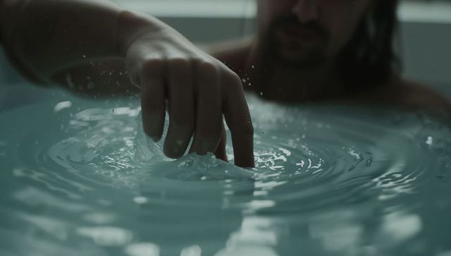 Moody close-up shirtless man touching bathtub water creating ripples and splashes