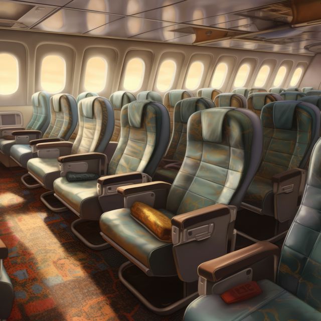 Image of an empty airplane cabin with rows of comfortable seating. Useful for illustrating air travel, luxury in-flight experiences, transportation industry, advertising for airlines, and travel blogs.